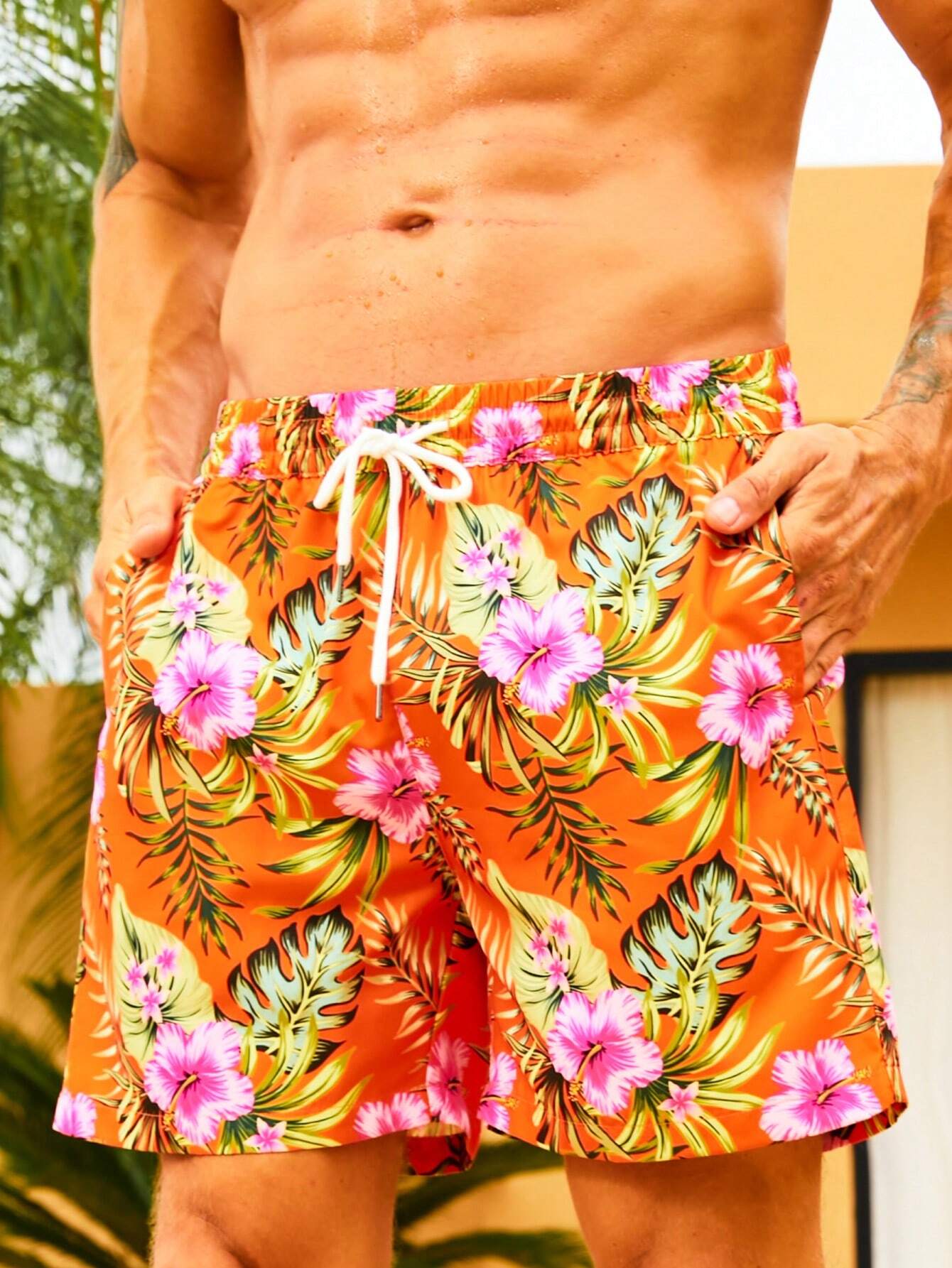 Drawstring Non Stretch Tropical All Over Print Shorts-Waves And Trunks