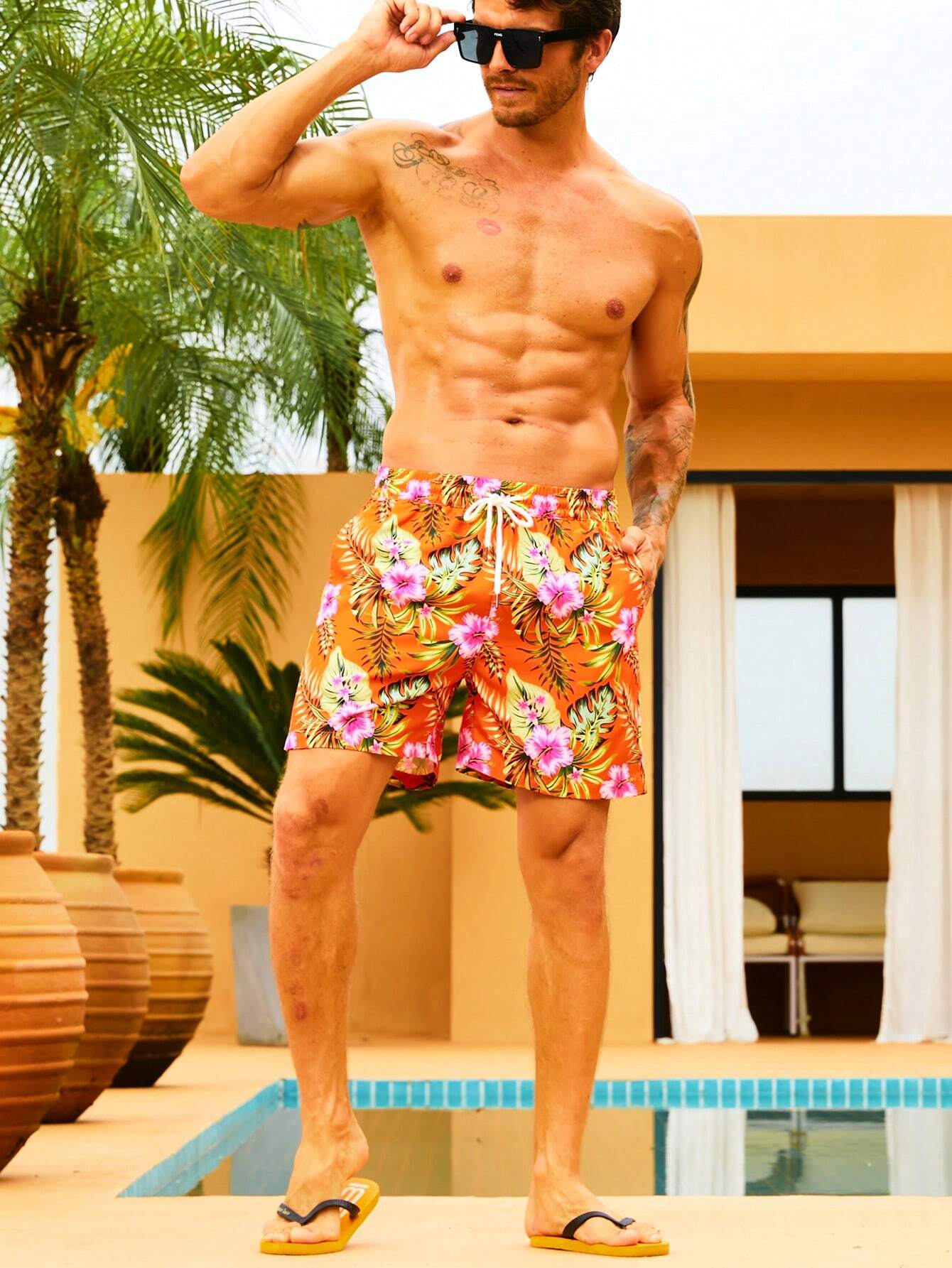 Drawstring Non Stretch Tropical All Over Print Shorts-Waves And Trunks
