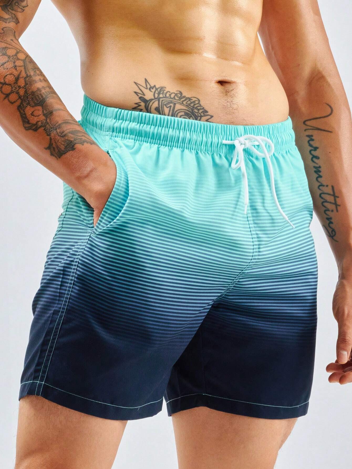 Striped Print Flap Pocket Swim Shorts-Waves And Trunks