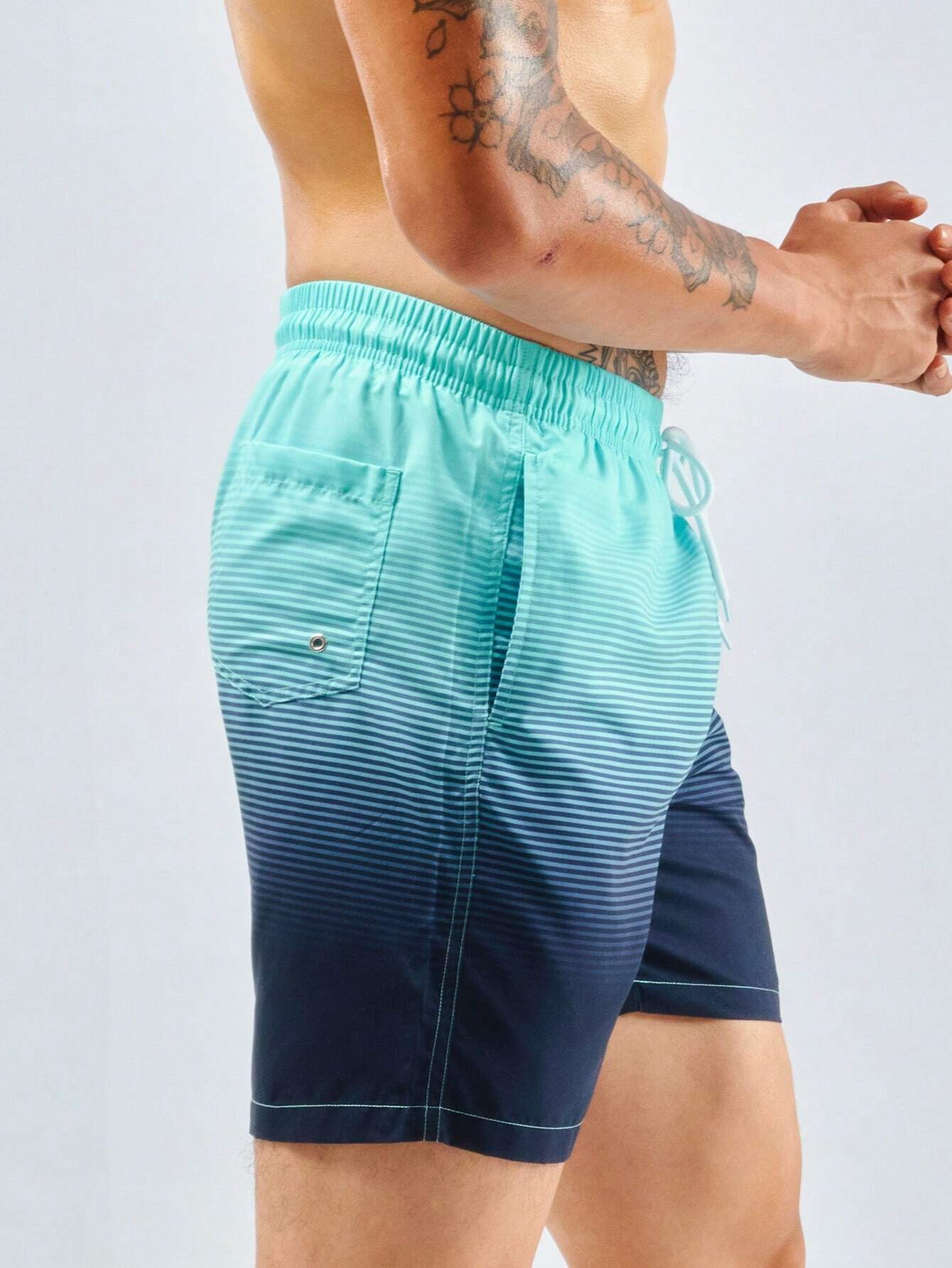 Striped Print Flap Pocket Swim Shorts-Waves And Trunks