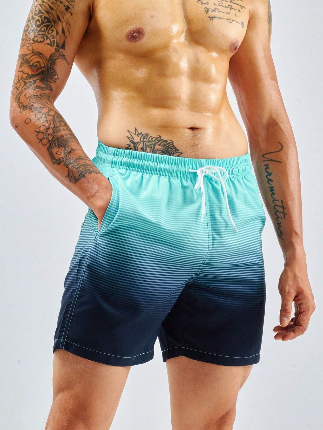 Striped Drawstring Waist Swim Shorts With Pocket Detail-Waves And Trunks