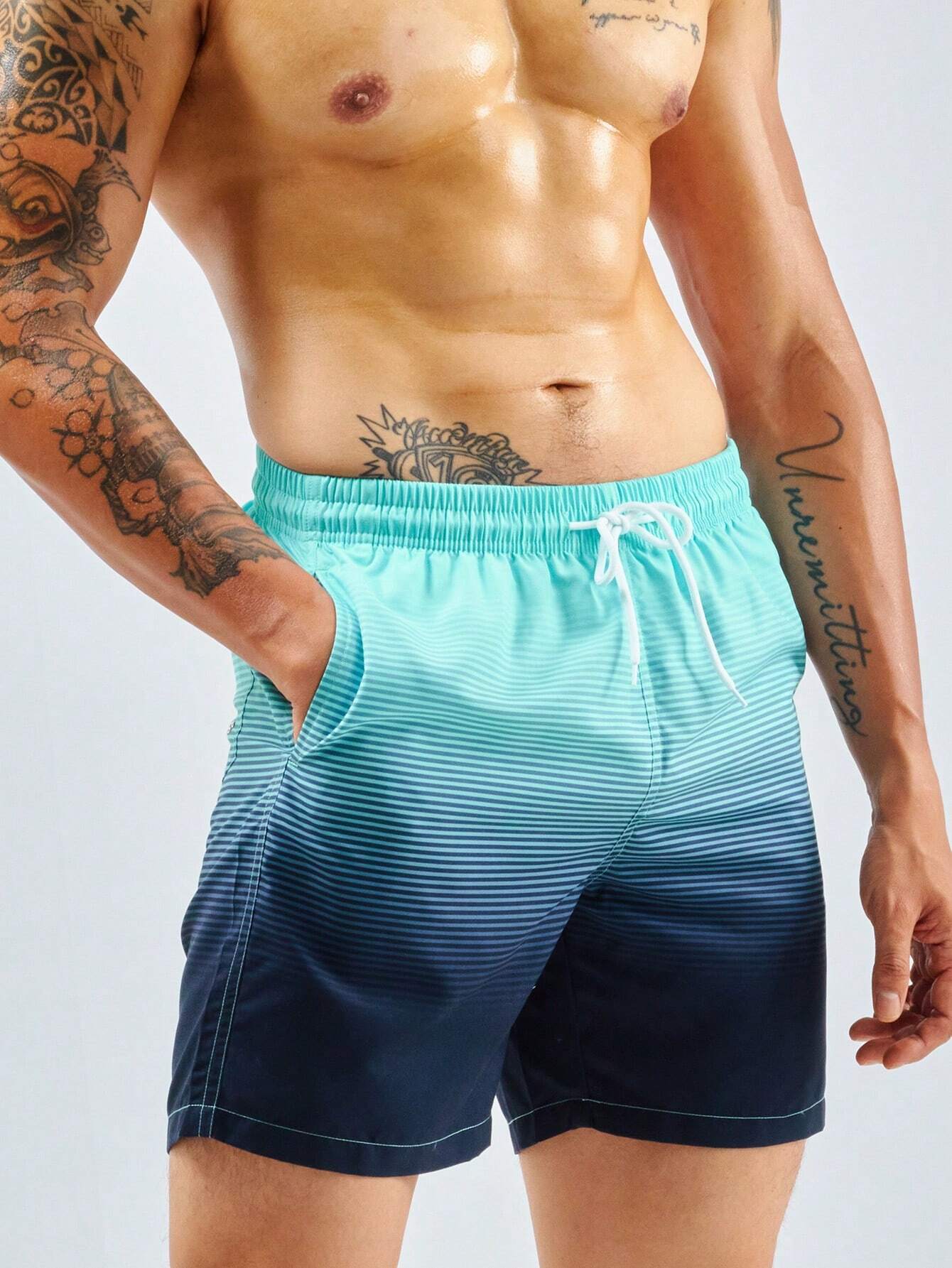 Striped Drawstring Waist Swim Shorts With Pocket Detail-Waves And Trunks