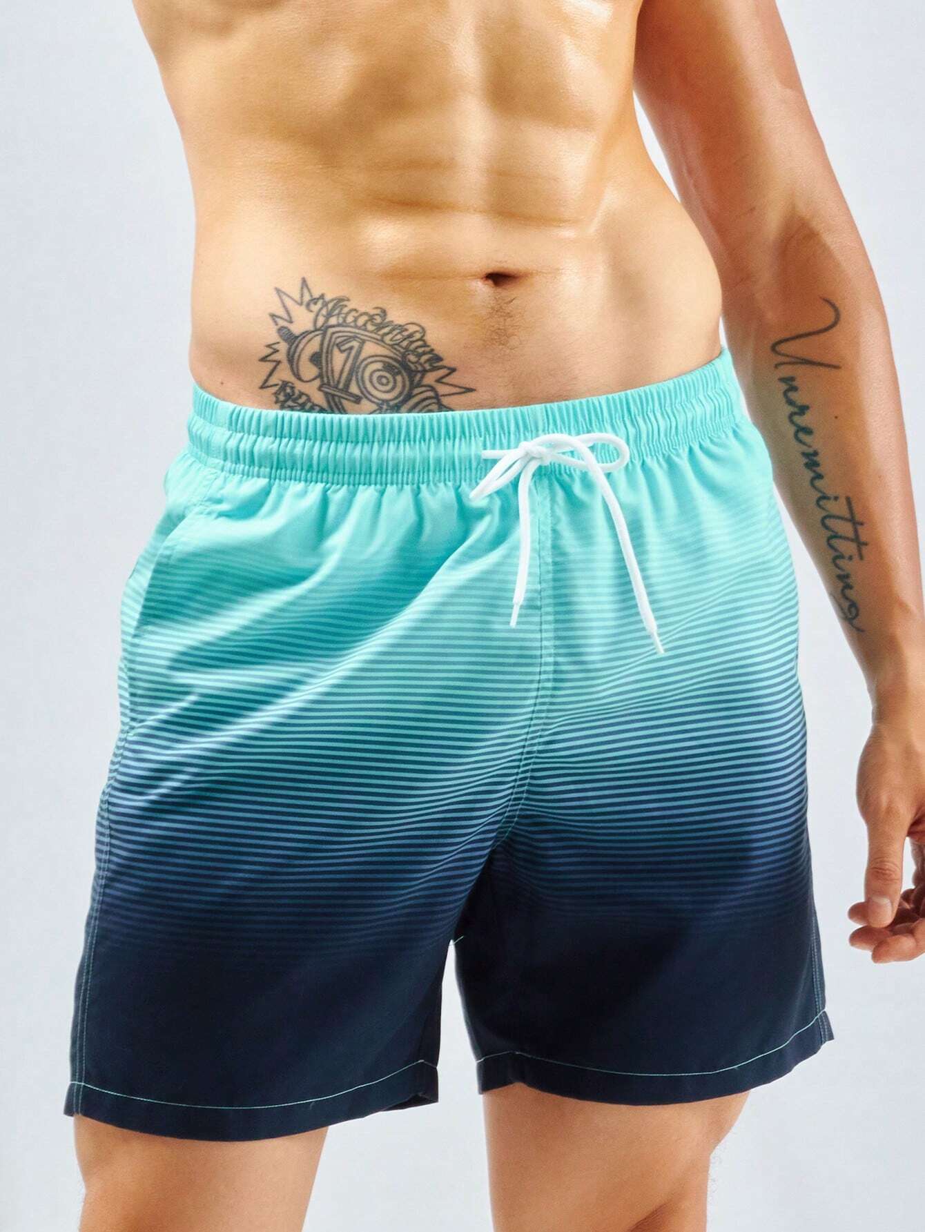 Striped Print Flap Pocket Swim Shorts-Waves And Trunks