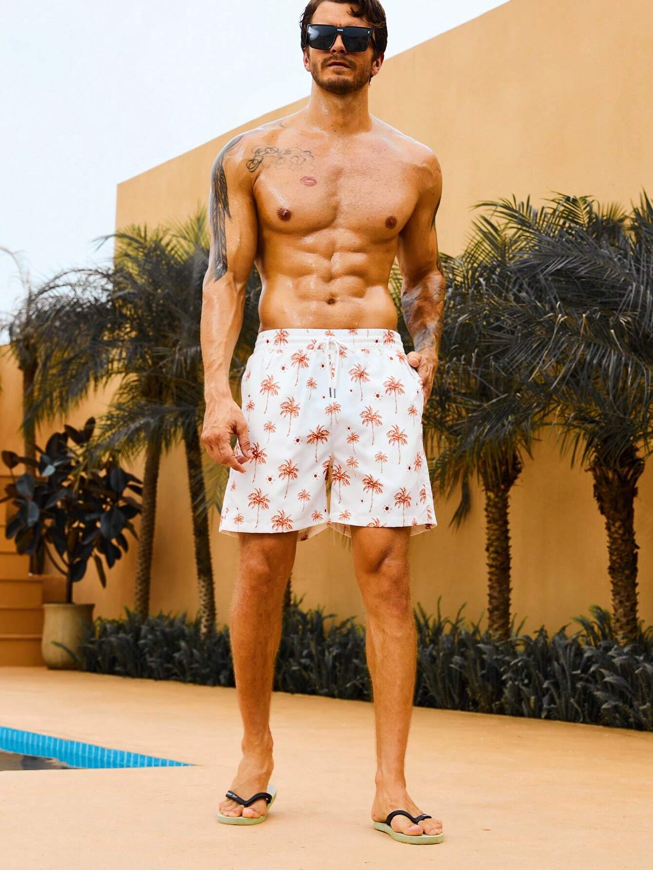 Coconut Tree Print Swim Trunks-Waves And Trunks