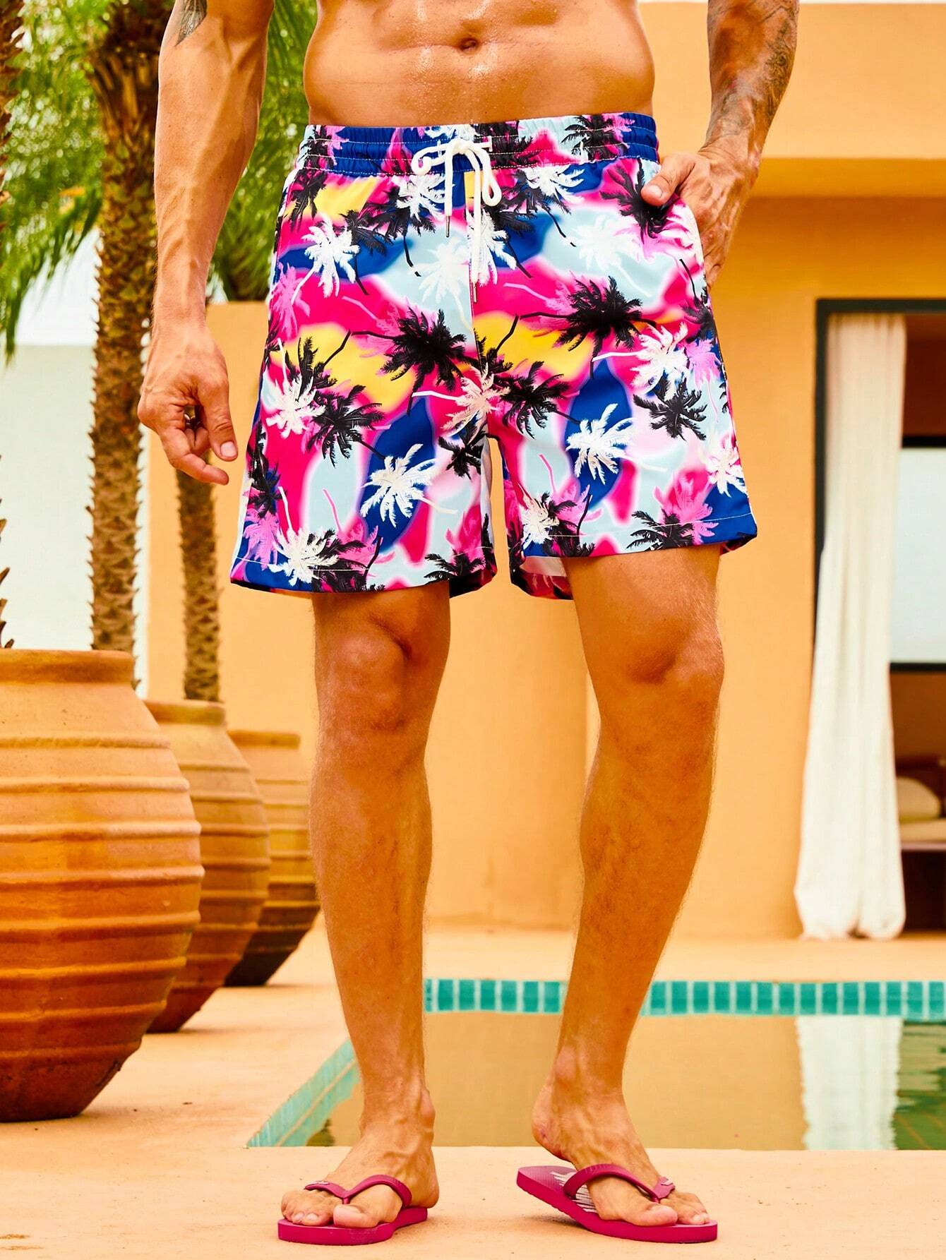 Allover Coconut Tree Print Swim Shorts-Waves And Trunks