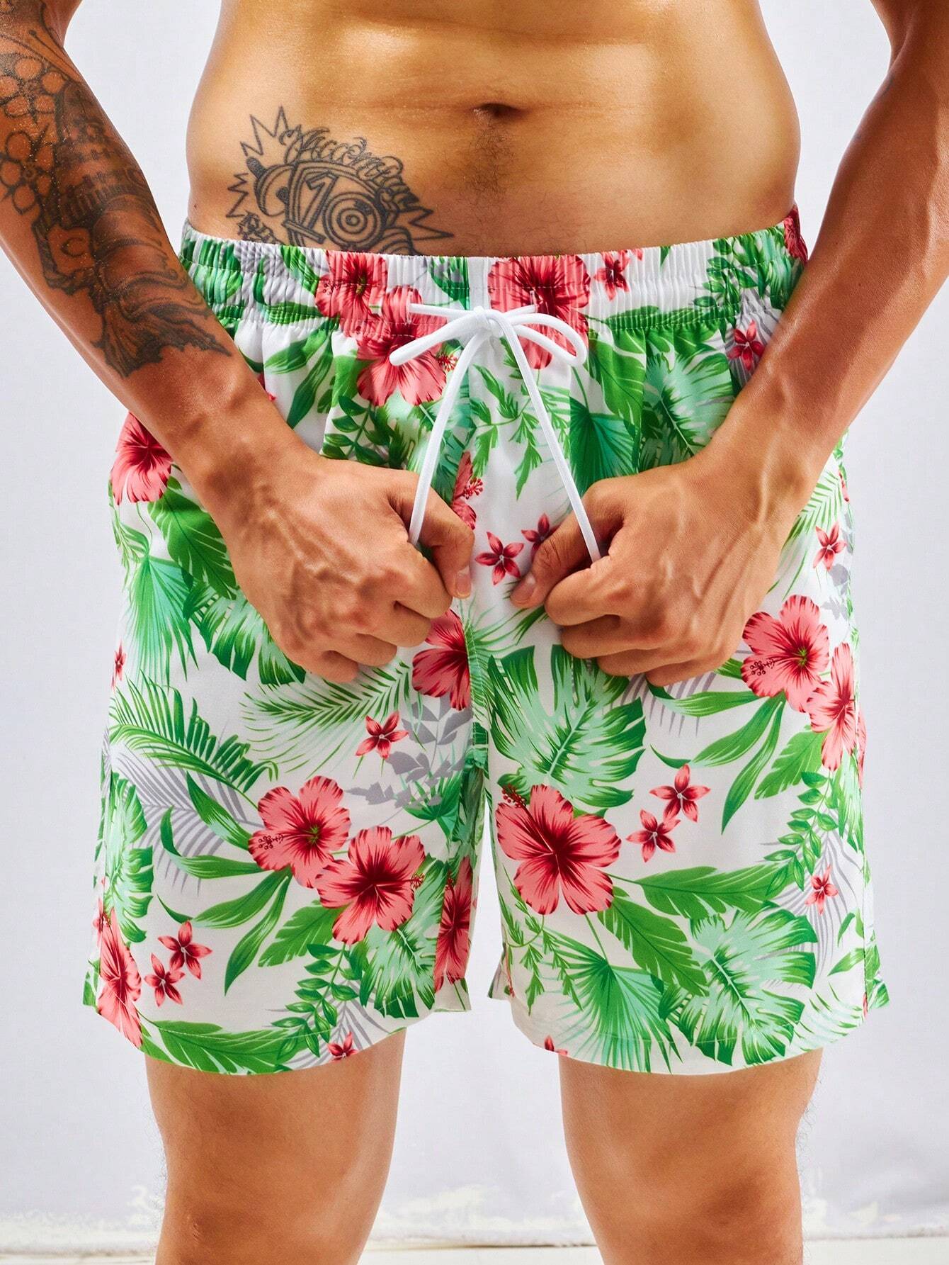 Tropical Print Swim Trunks With Pocket-Waves And Trunks