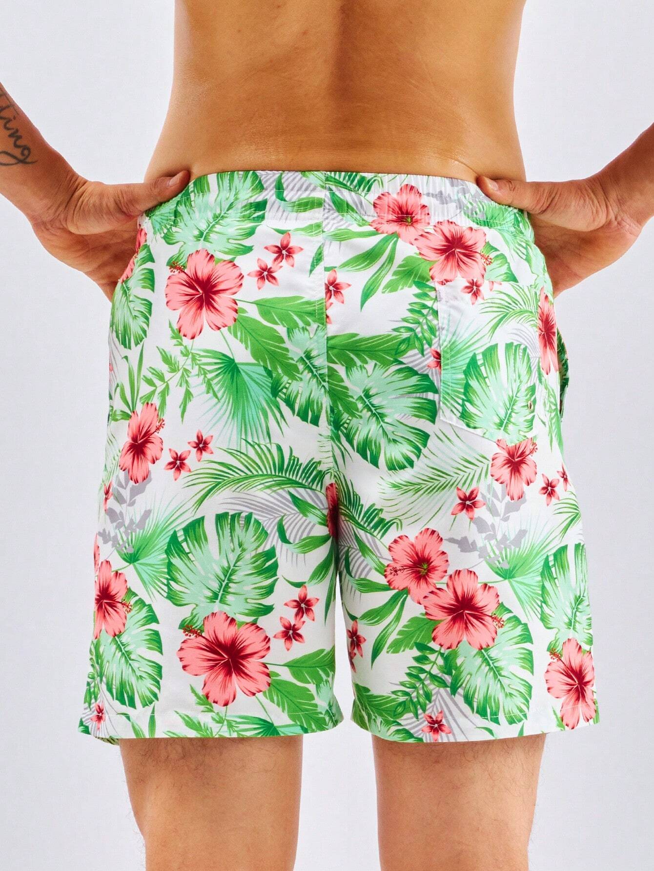 Tropical Print Swim Trunks With Pocket-Waves And Trunks