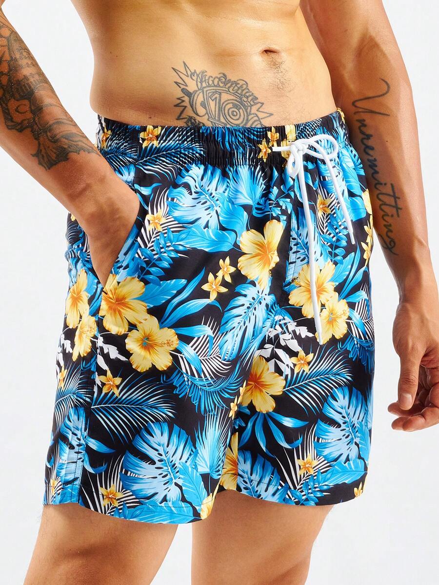 Non Stretch Tropical Print Drawstring Swim Trunks-Waves And Trunks