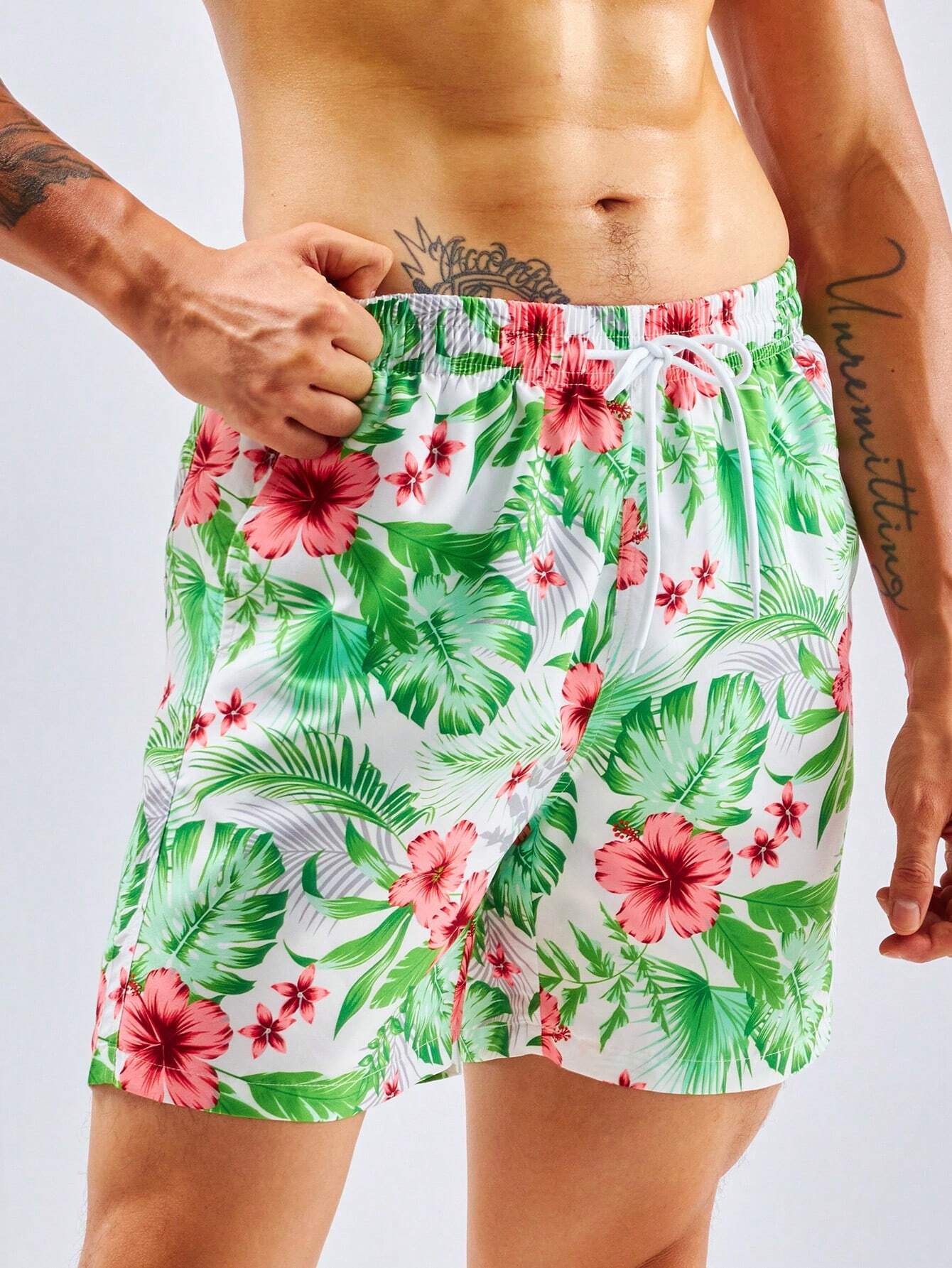 Tropical Print Swim Trunks With Pocket-Waves And Trunks