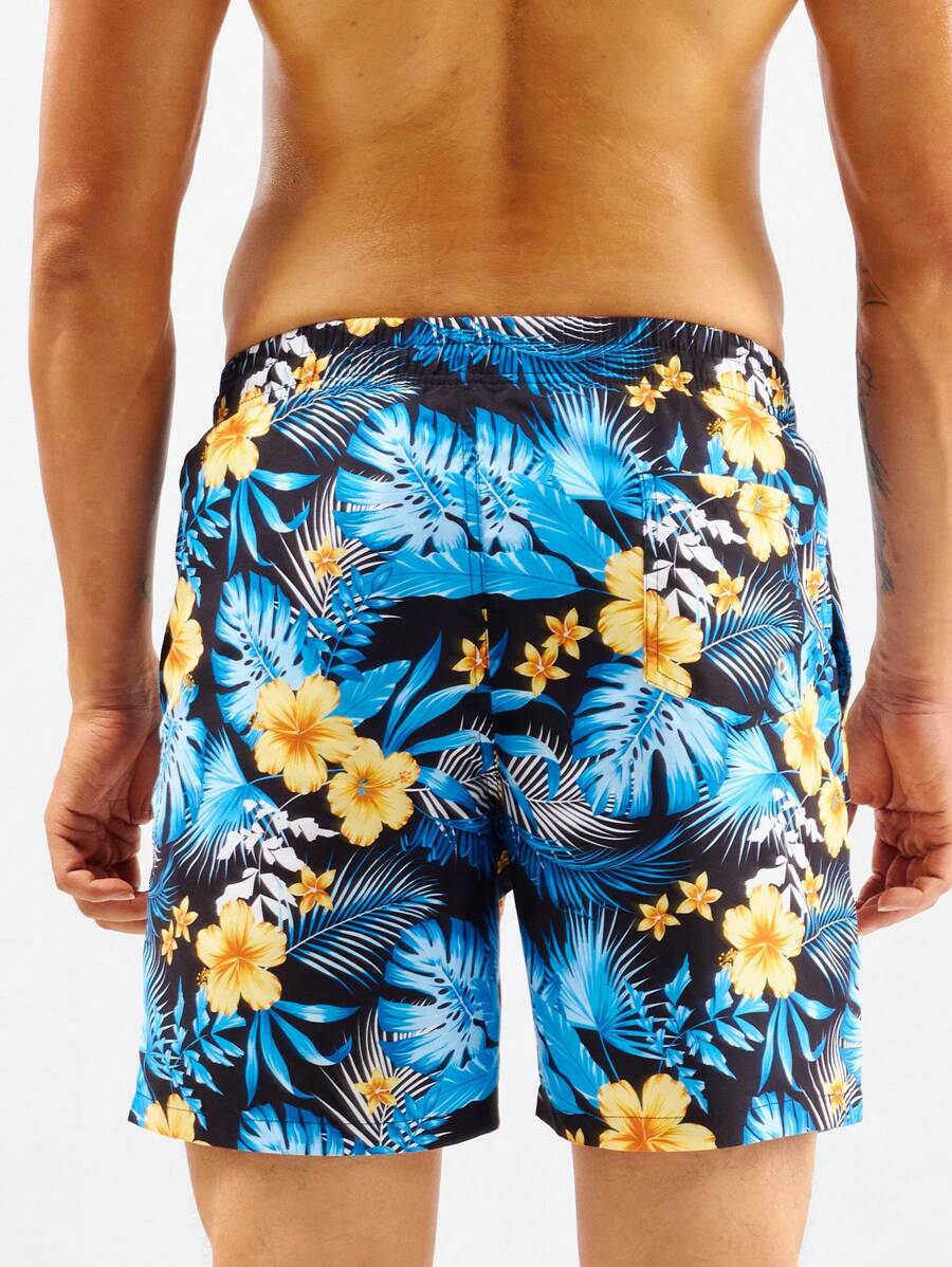 Non Stretch Tropical Print Drawstring Swim Trunks-Waves And Trunks