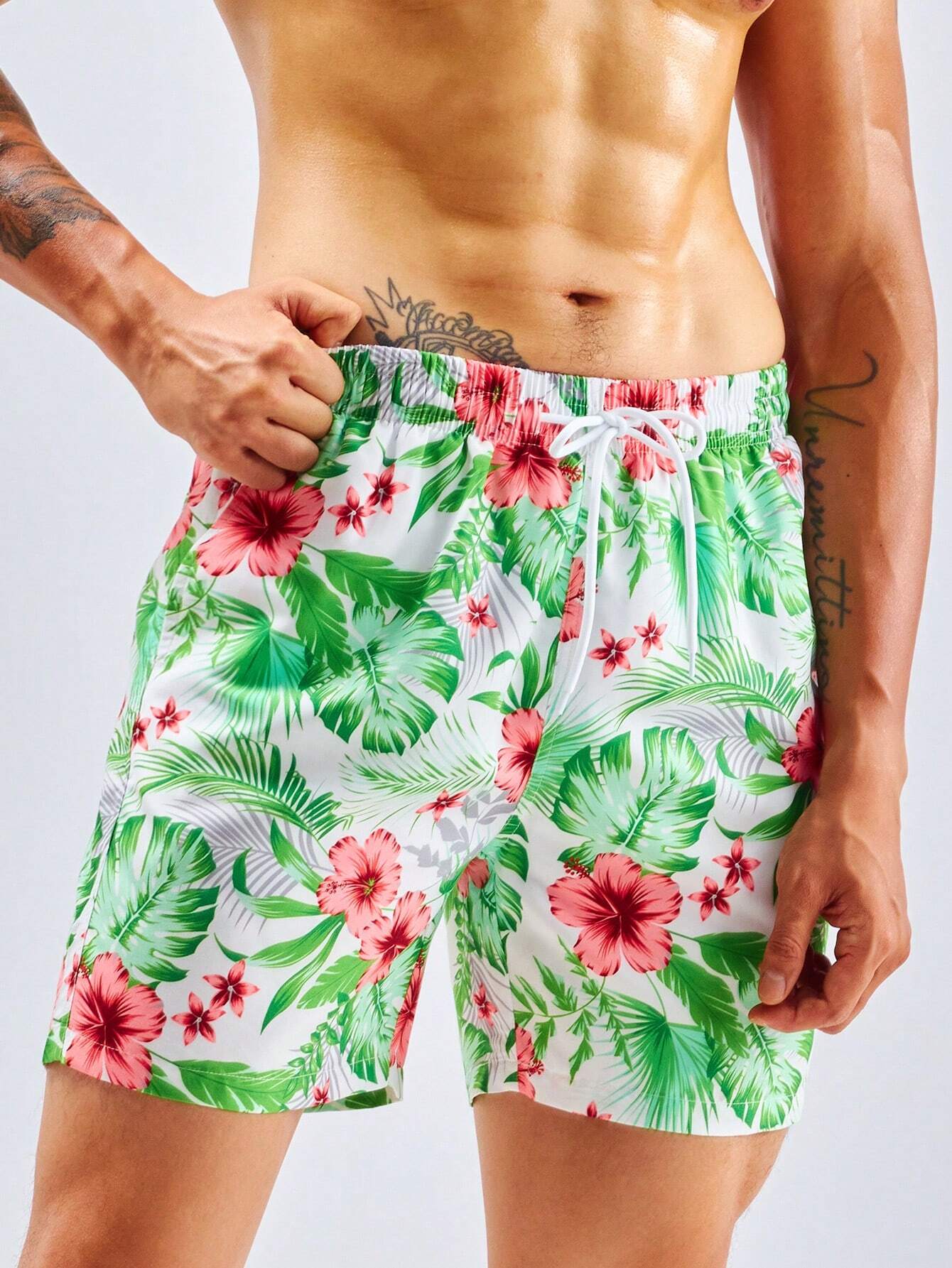 Tropical Print Swim Trunks With Pocket-Waves And Trunks