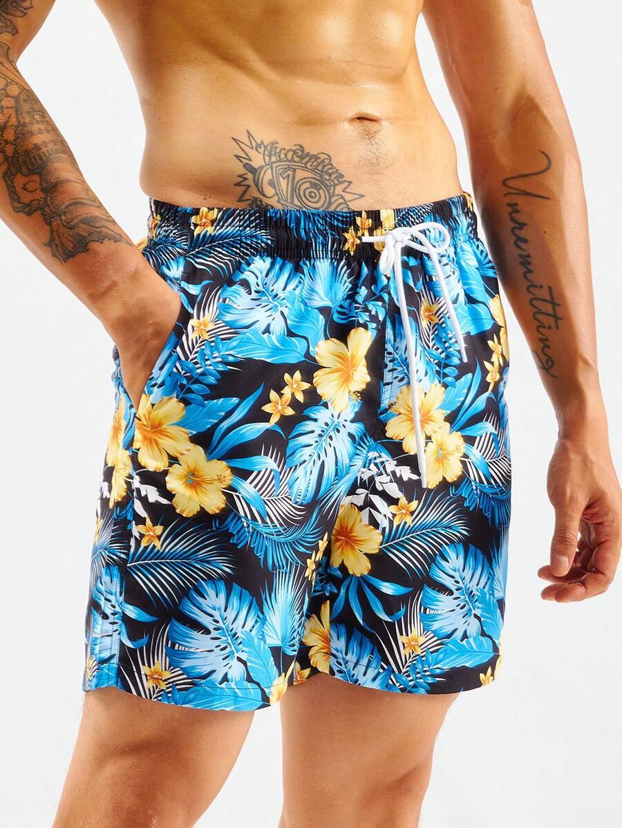 Non Stretch Tropical Print Drawstring Swim Trunks-Waves And Trunks