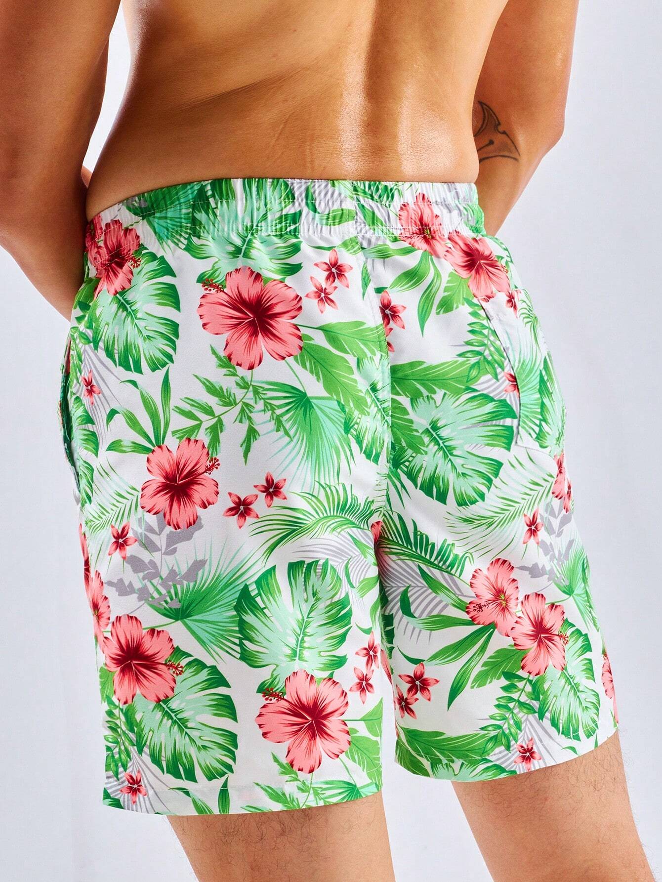 Tropical Print Swim Trunks With Pocket-Waves And Trunks