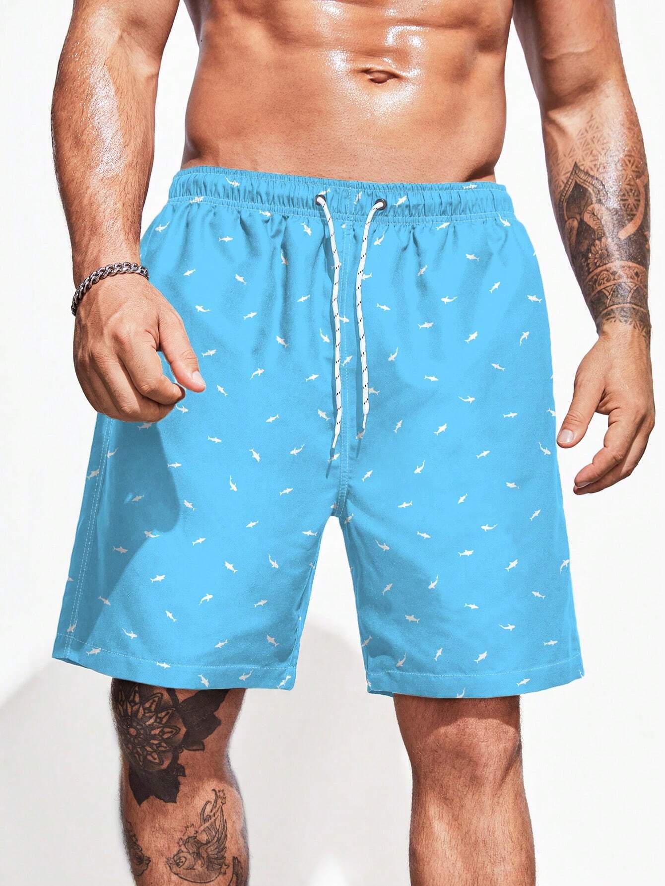 Drawstring Waist Non Stretch Allover Print Swim Trunks-Waves And Trunks