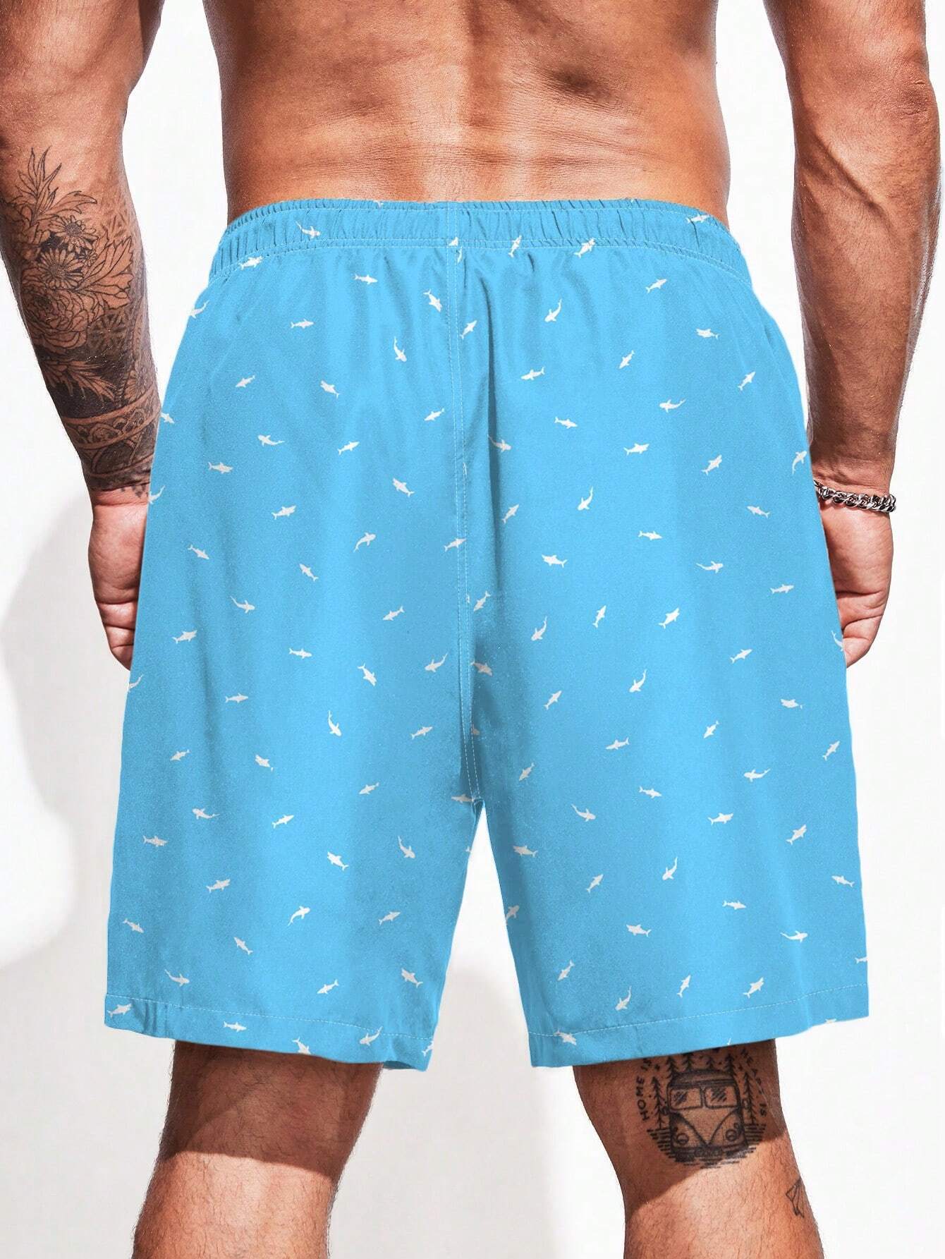 Drawstring Waist Non Stretch Allover Print Swim Trunks-Waves And Trunks