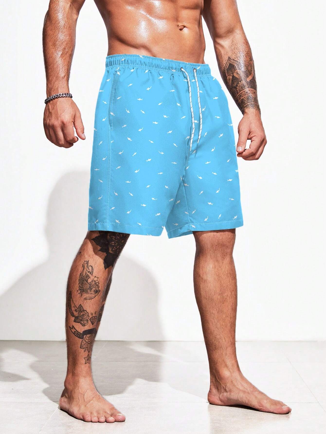 Allover Print Drawstring Swim Trunks-Waves And Trunks