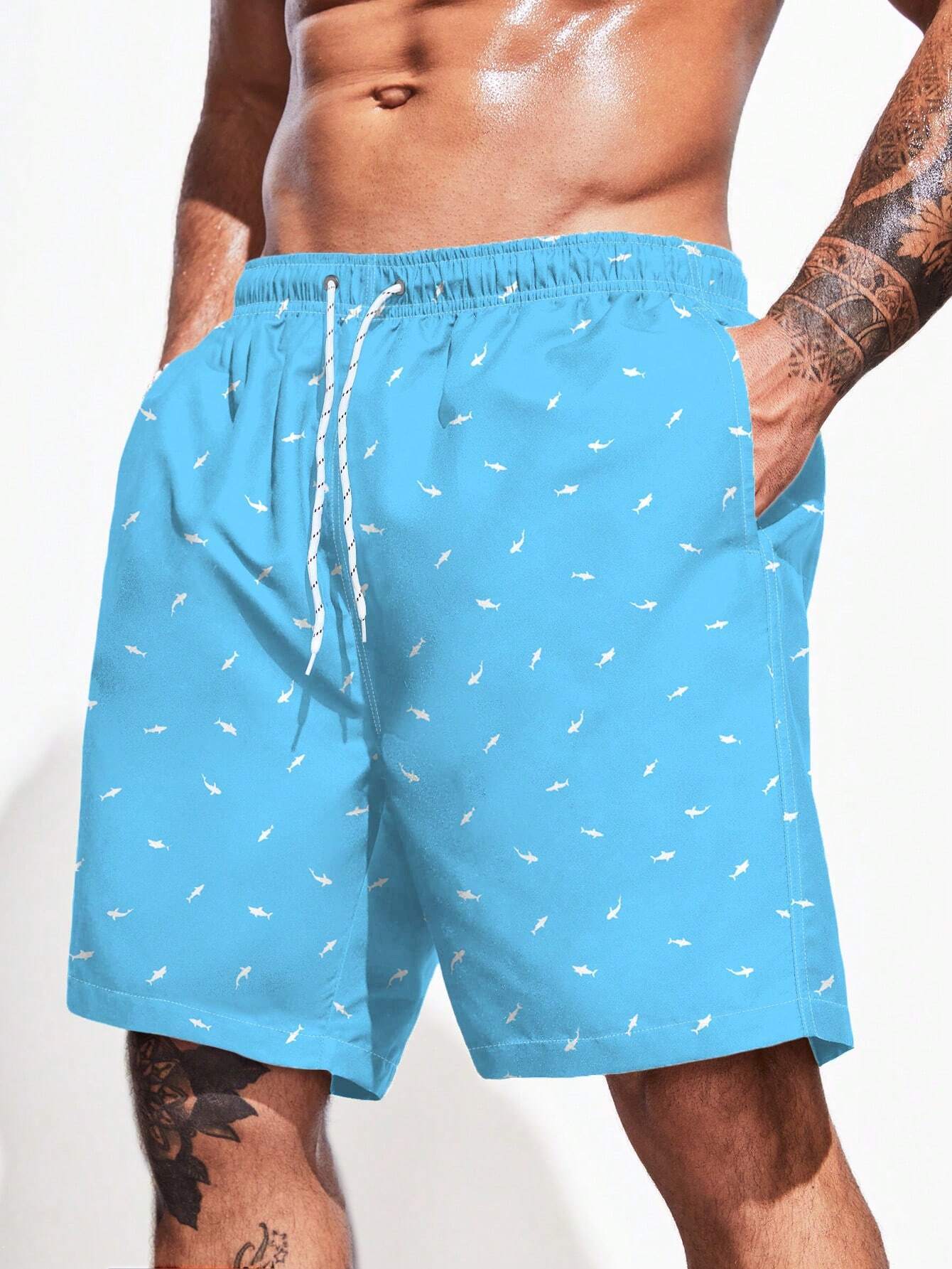 Drawstring Waist Non Stretch Allover Print Swim Trunks-Waves And Trunks