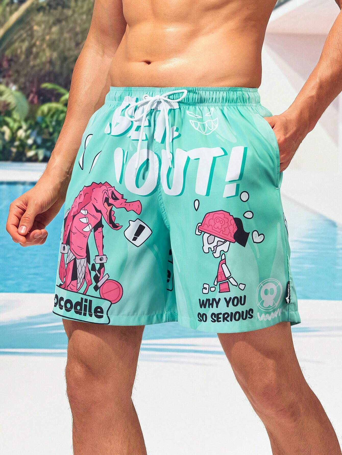 Cartoon And Letter Print Swim Shorts-Waves And Trunks