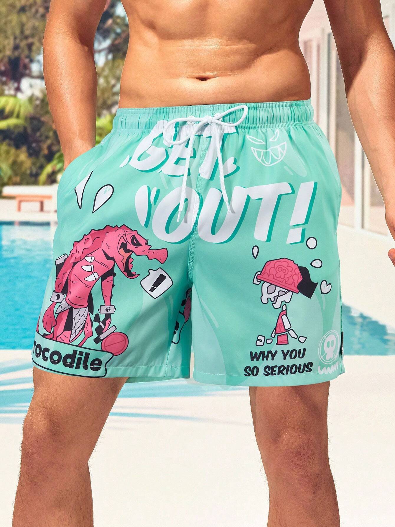Cartoon And Letter Print Swim Shorts-Waves And Trunks