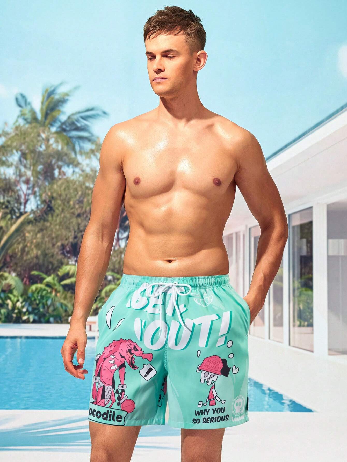Cartoon And Letter Print Swim Shorts-Waves And Trunks