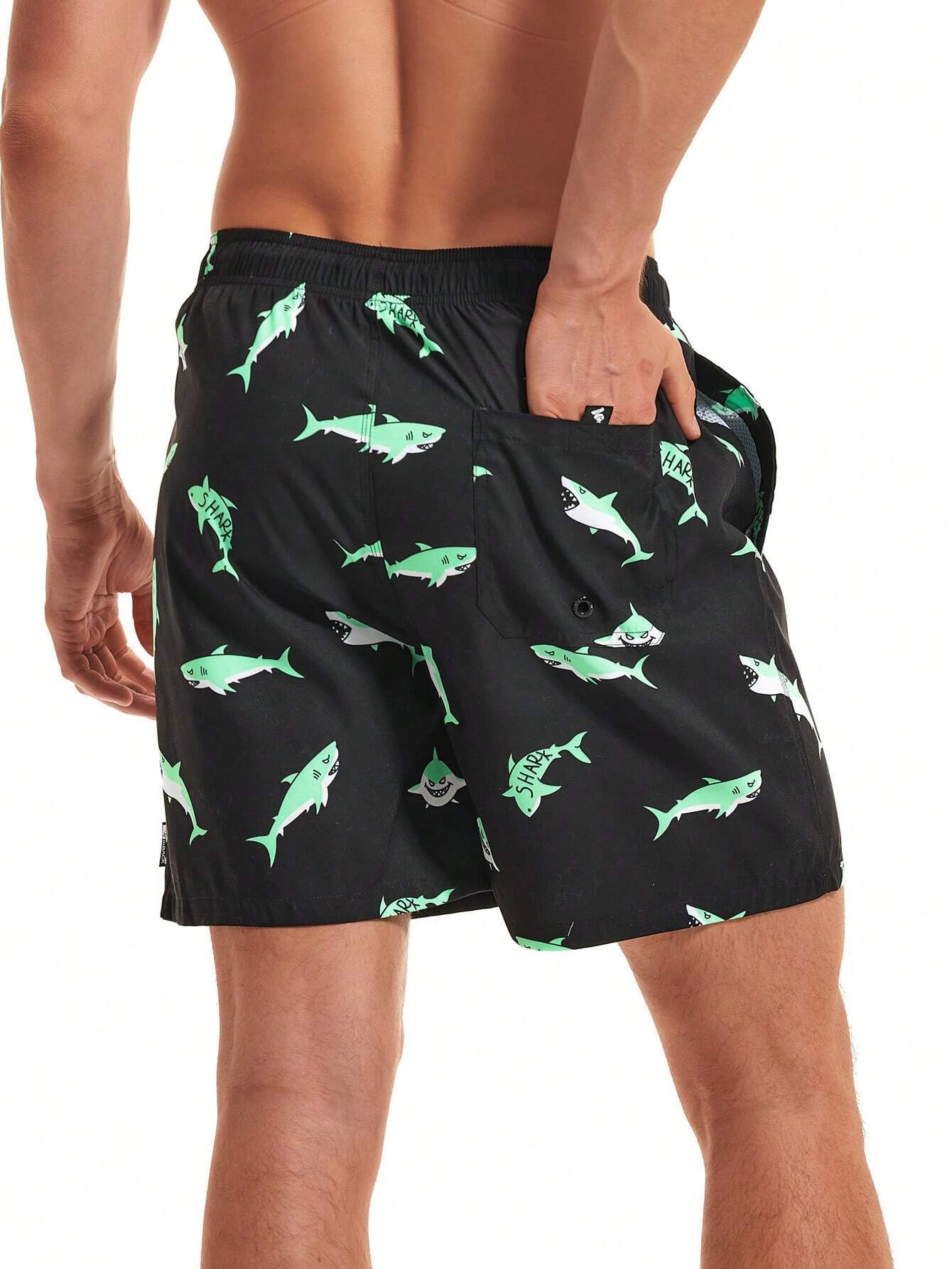 Cartoon Shark Print Swim Shorts-Waves And Trunks