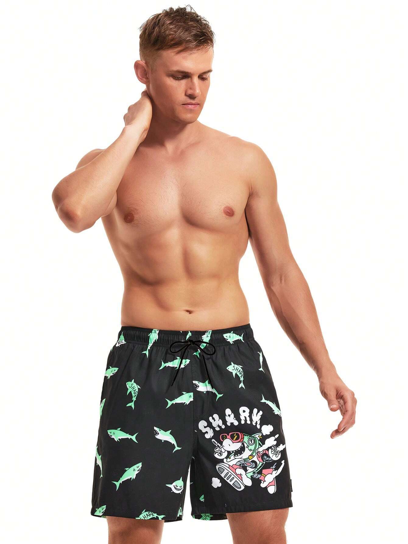 Cartoon Shark Print Swim Shorts-Waves And Trunks