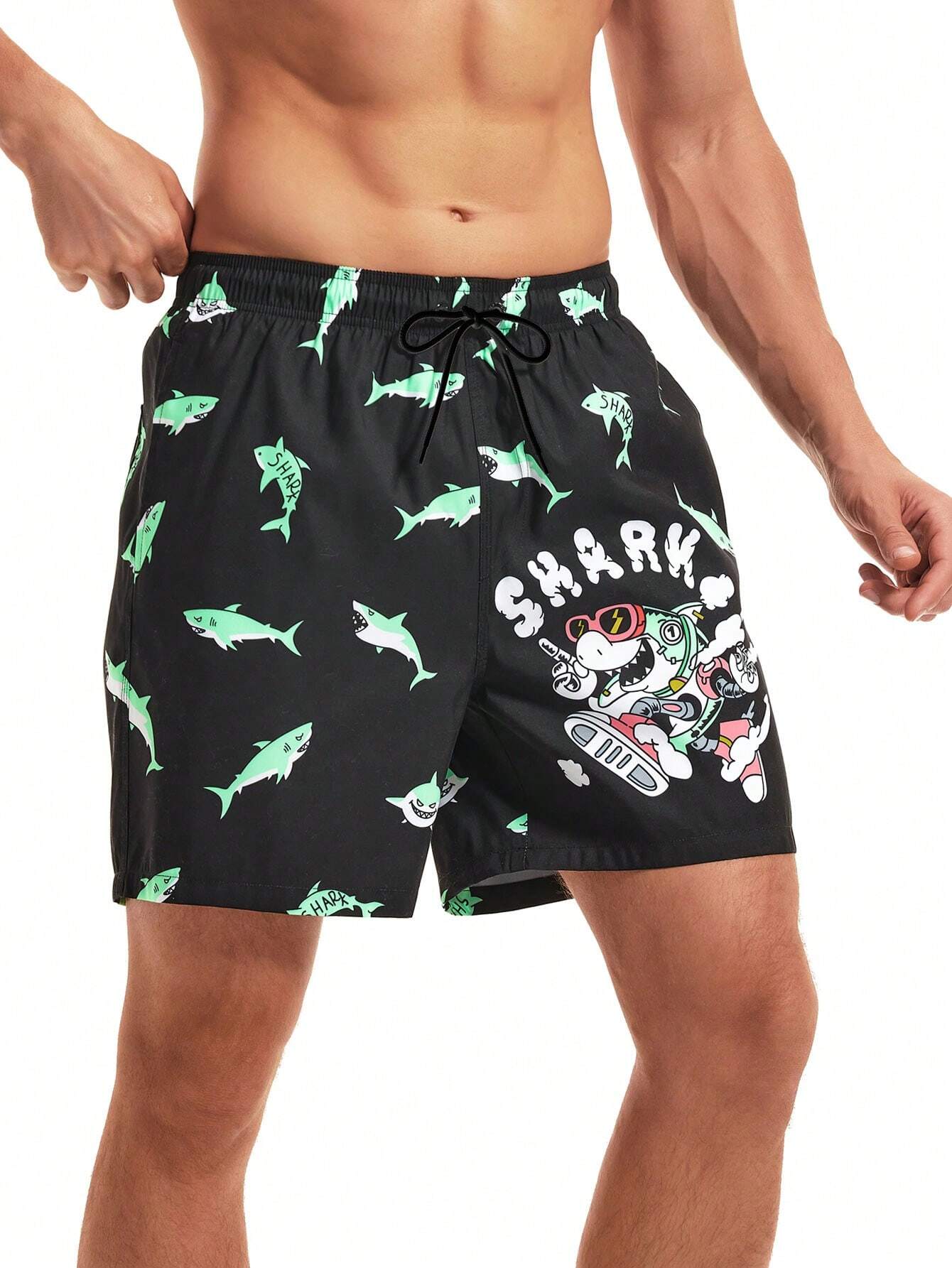 Cartoon Shark Print Swim Shorts-Waves And Trunks