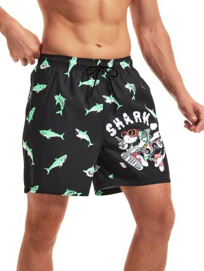 Cartoon Shark Print Swim Shorts-Waves And Trunks
