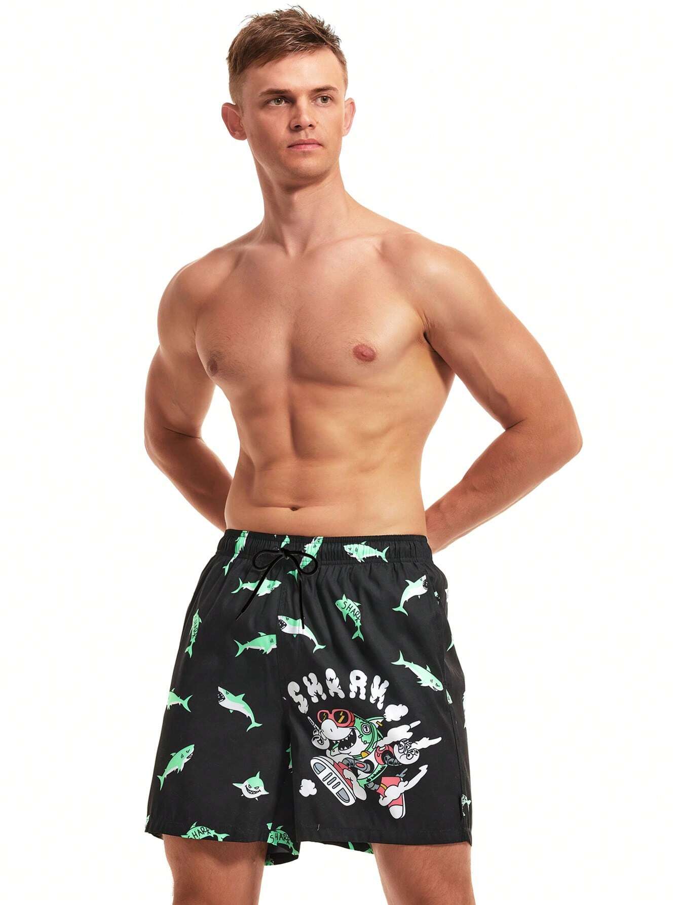 Cartoon Shark Print Swim Shorts-Waves And Trunks