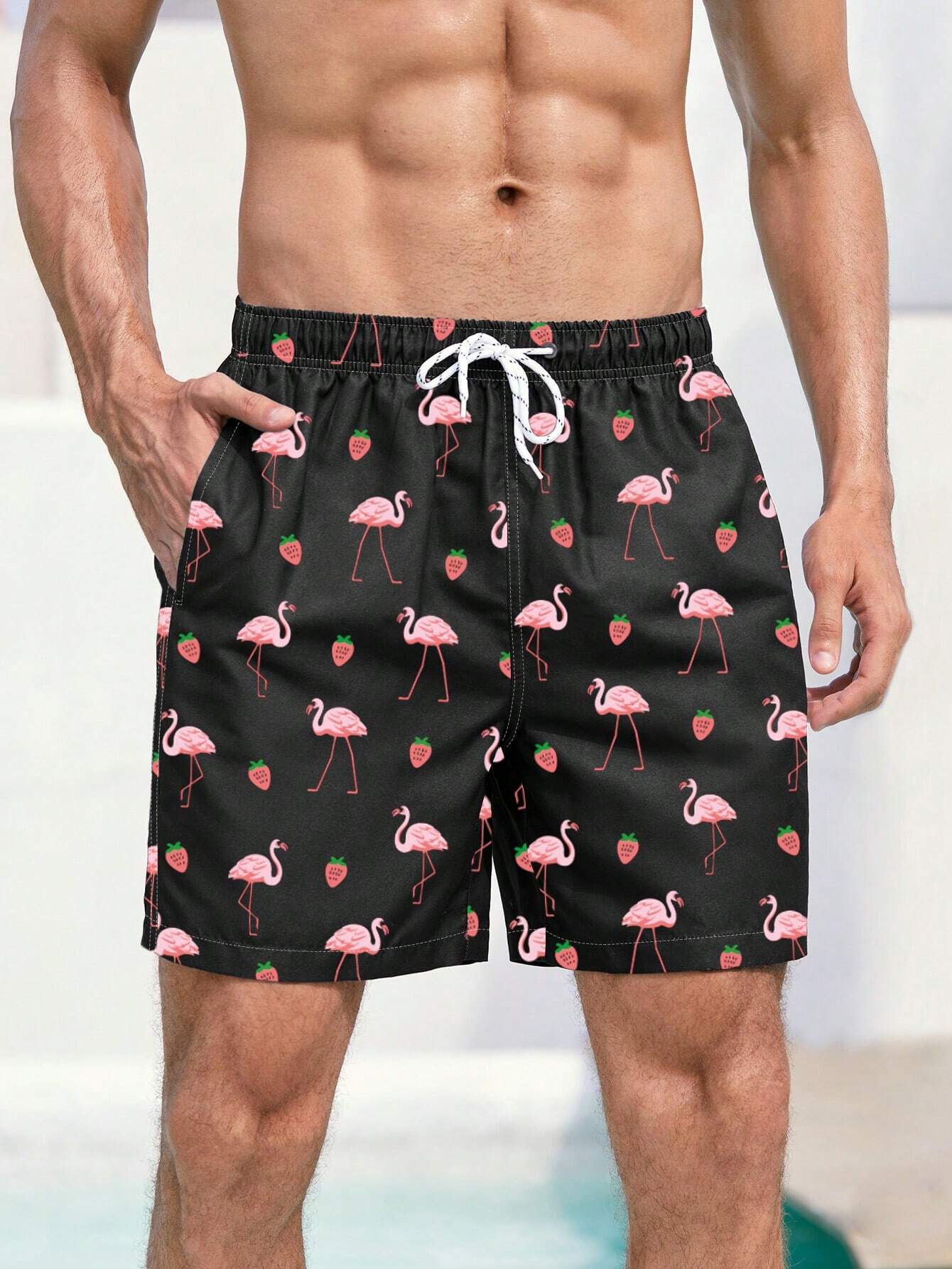 Non Stretch Boho Flamingo Drawstring Shorts With All Over Print-Waves And Trunks