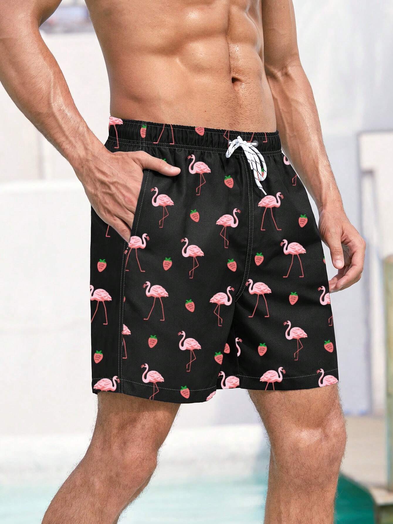Non Stretch Boho Flamingo Drawstring Shorts With All Over Print-Waves And Trunks