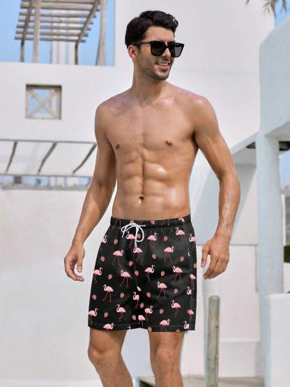 Non Stretch Boho Flamingo Drawstring Shorts With All Over Print-Waves And Trunks