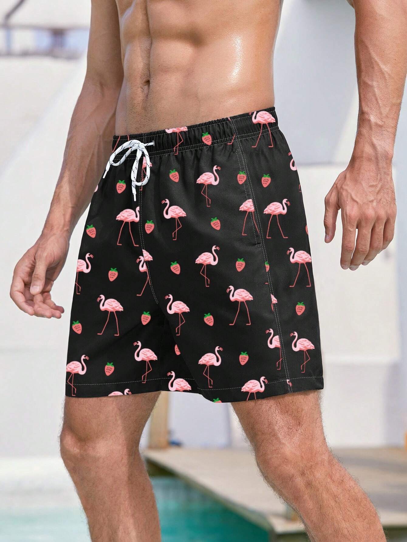 Non Stretch Boho Flamingo Drawstring Shorts With All Over Print-Waves And Trunks