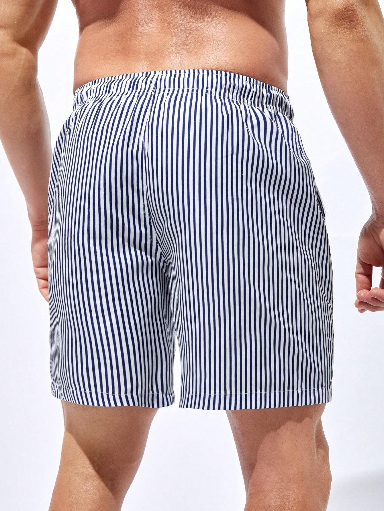 Striped Drawstring Waist Swim Shorts-Waves And Trunks