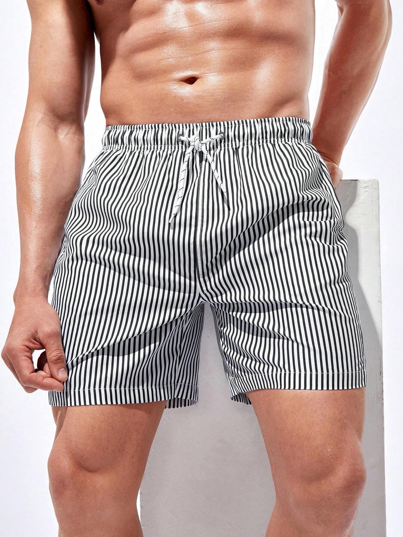 Striped Drawstring Waist Swim Shorts-Waves And Trunks