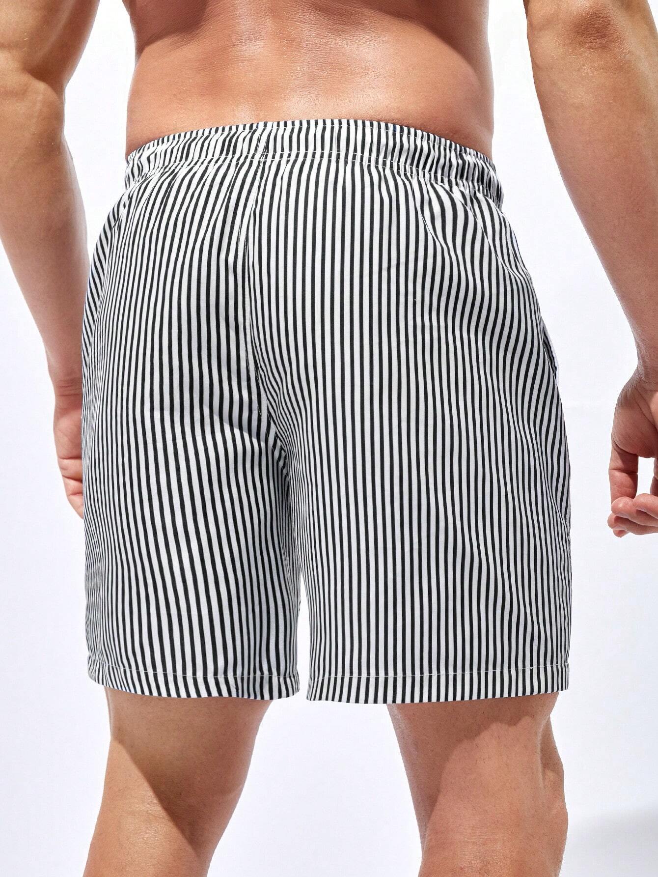 Striped Drawstring Waist Swim Shorts-Waves And Trunks