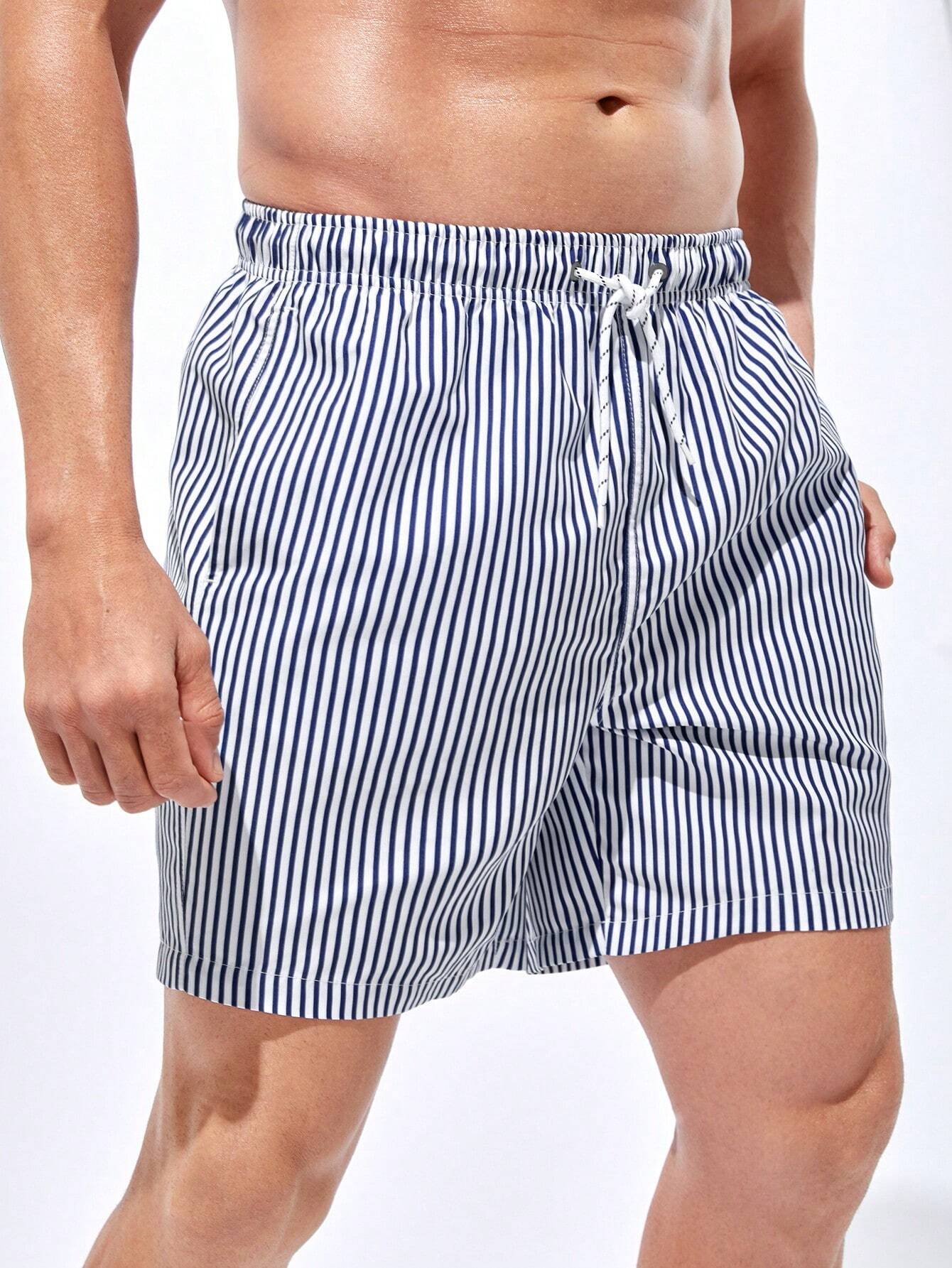 Striped Drawstring Waist Swim Shorts-Waves And Trunks