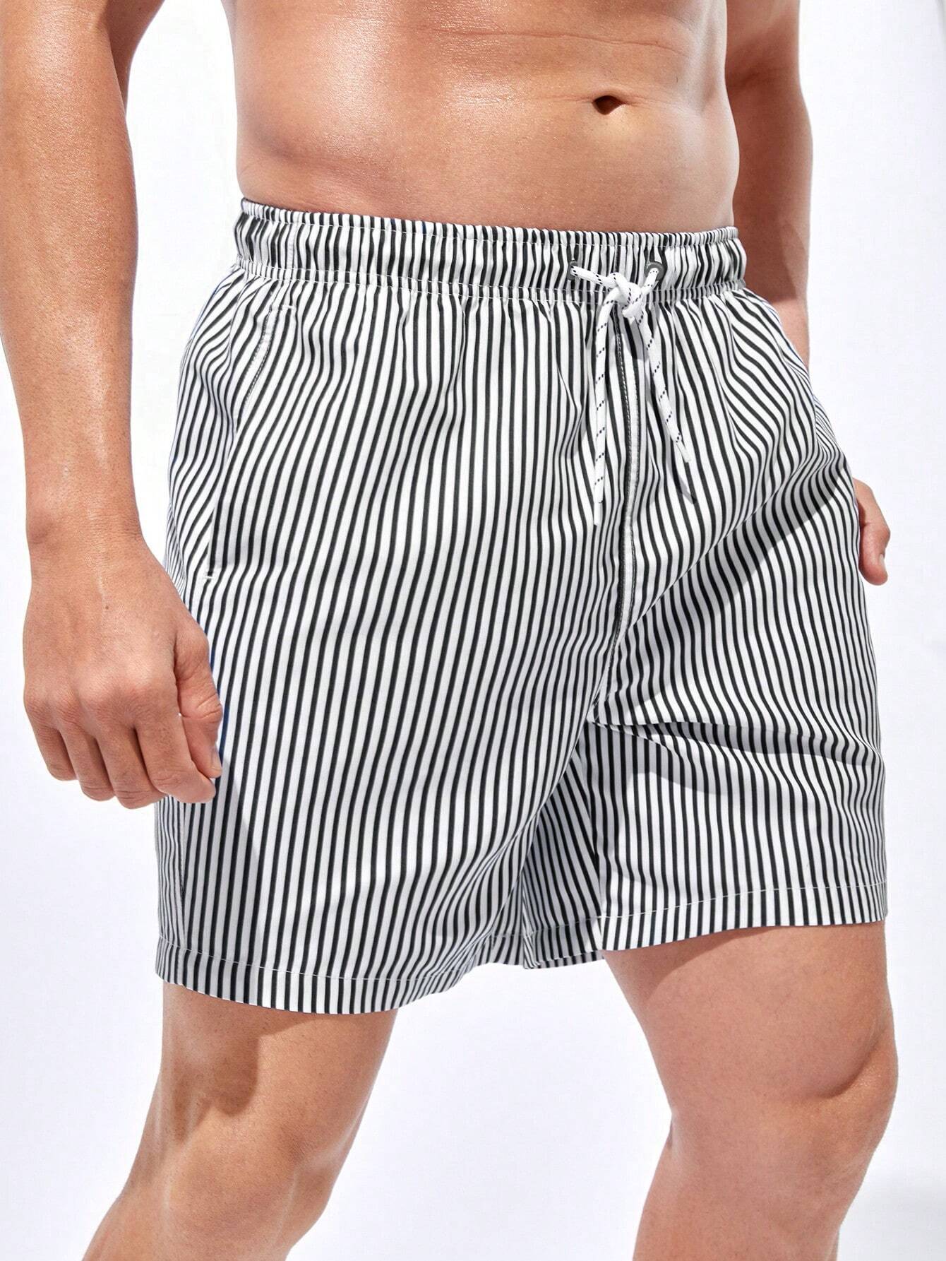 Striped Drawstring Waist Swim Shorts-Waves And Trunks