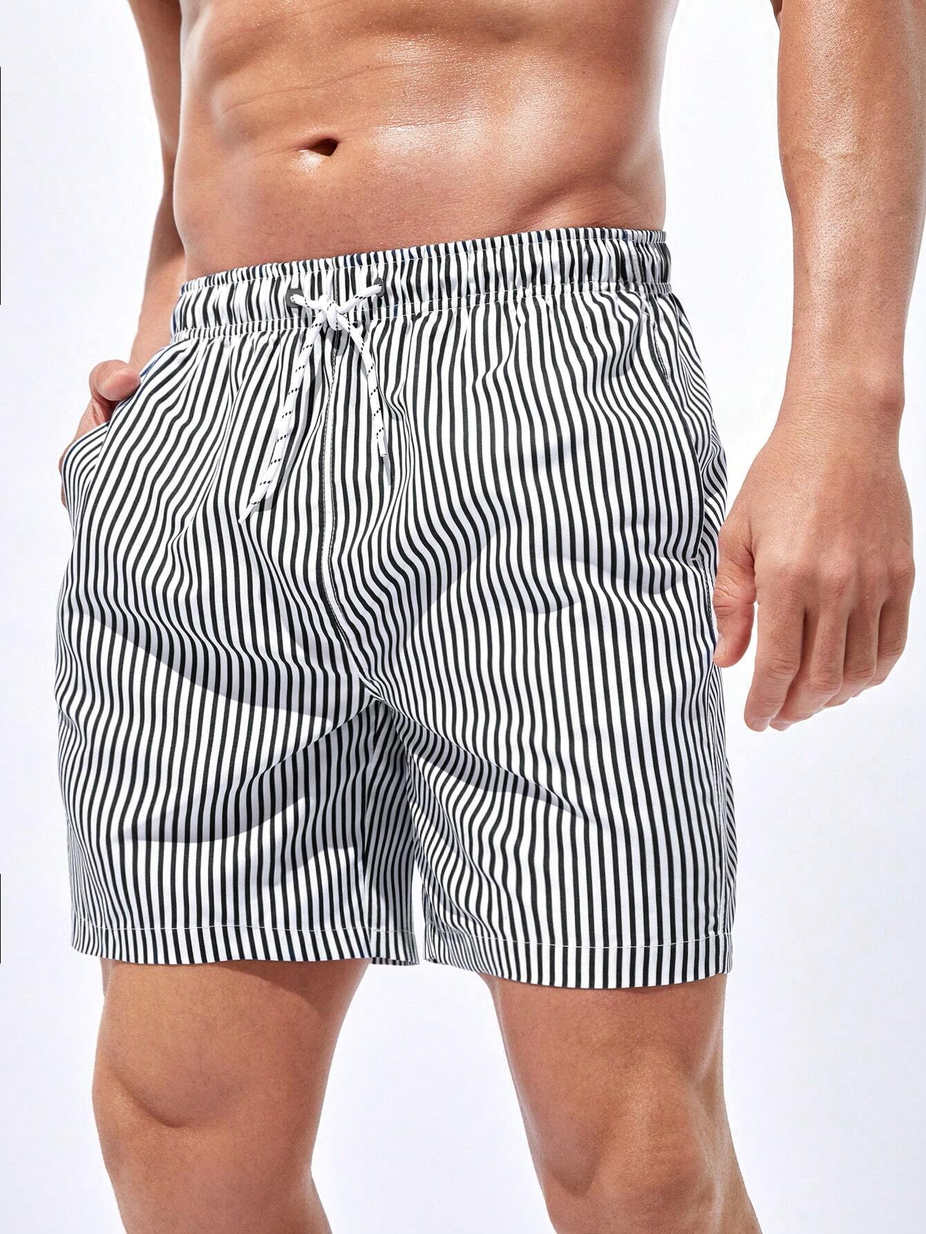 Striped Drawstring Waist Swim Shorts-Waves And Trunks