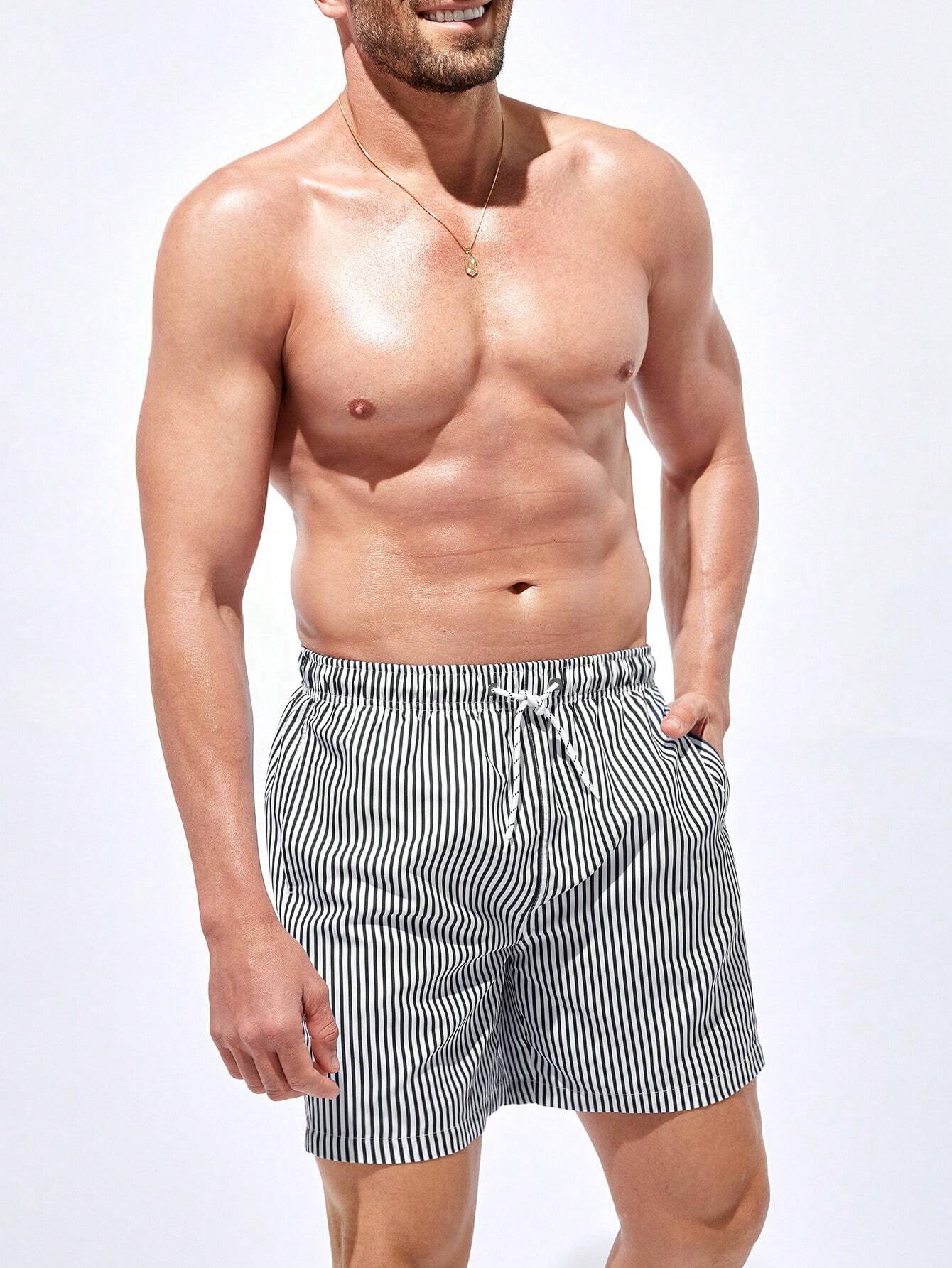 Striped Drawstring Waist Swim Shorts-Waves And Trunks