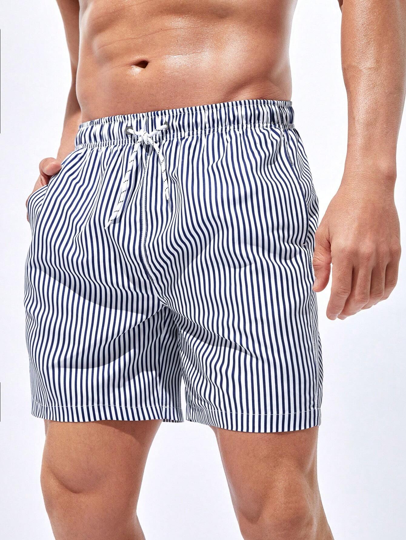 Striped Drawstring Waist Swim Shorts-Waves And Trunks