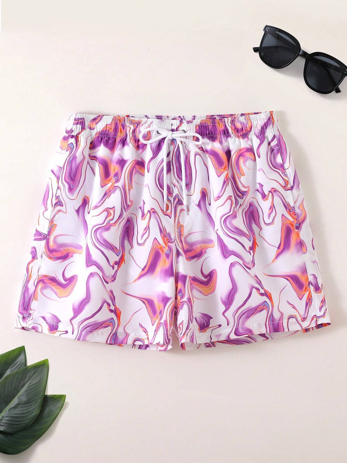 Allover Print Drawstring Waist Pocket Beach Shorts-Waves And Trunks