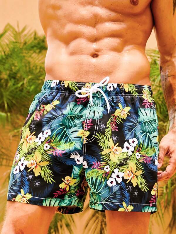 Flower Tropical Print Swim Trunks-Waves And Trunks