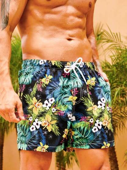 Flower Tropical Print Swim Trunks-Waves And Trunks