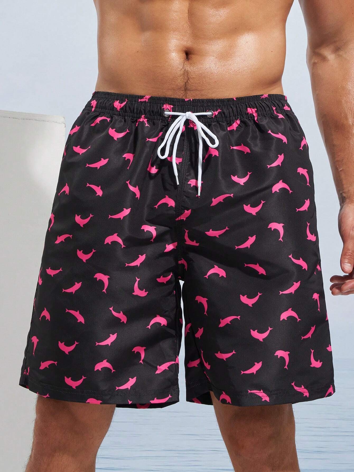 Dolphin Print Swim Trunks With Pocket-Waves And Trunks