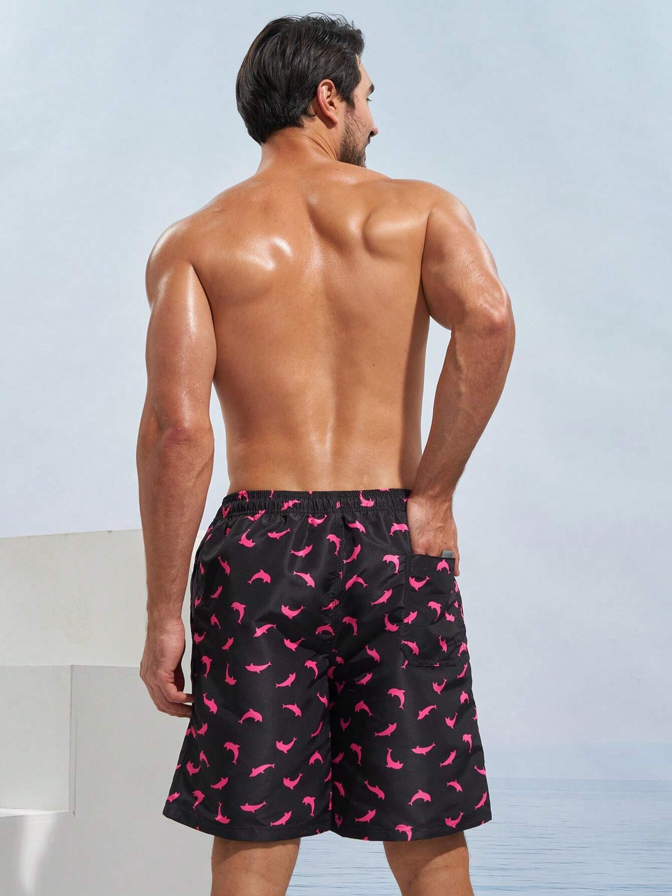 Dolphin Print Swim Trunks With Pocket-Waves And Trunks