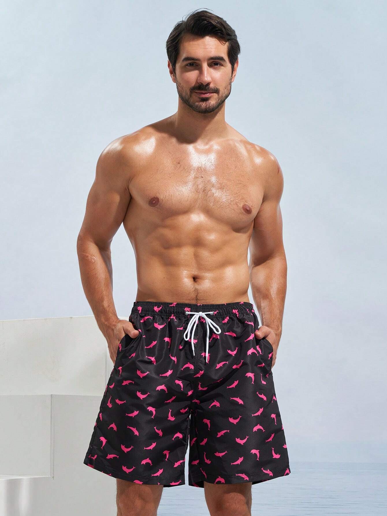 Allover Dolphin Print Swim Trunks With Pocket-Waves And Trunks