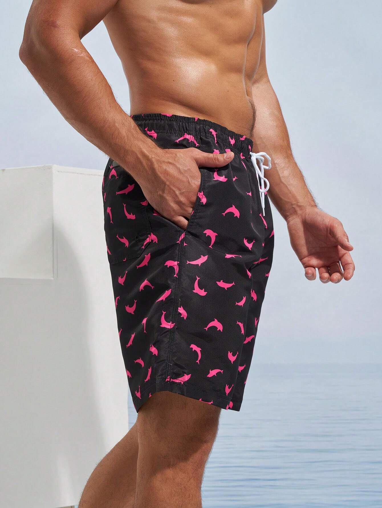 Dolphin Print Swim Trunks With Pocket-Waves And Trunks