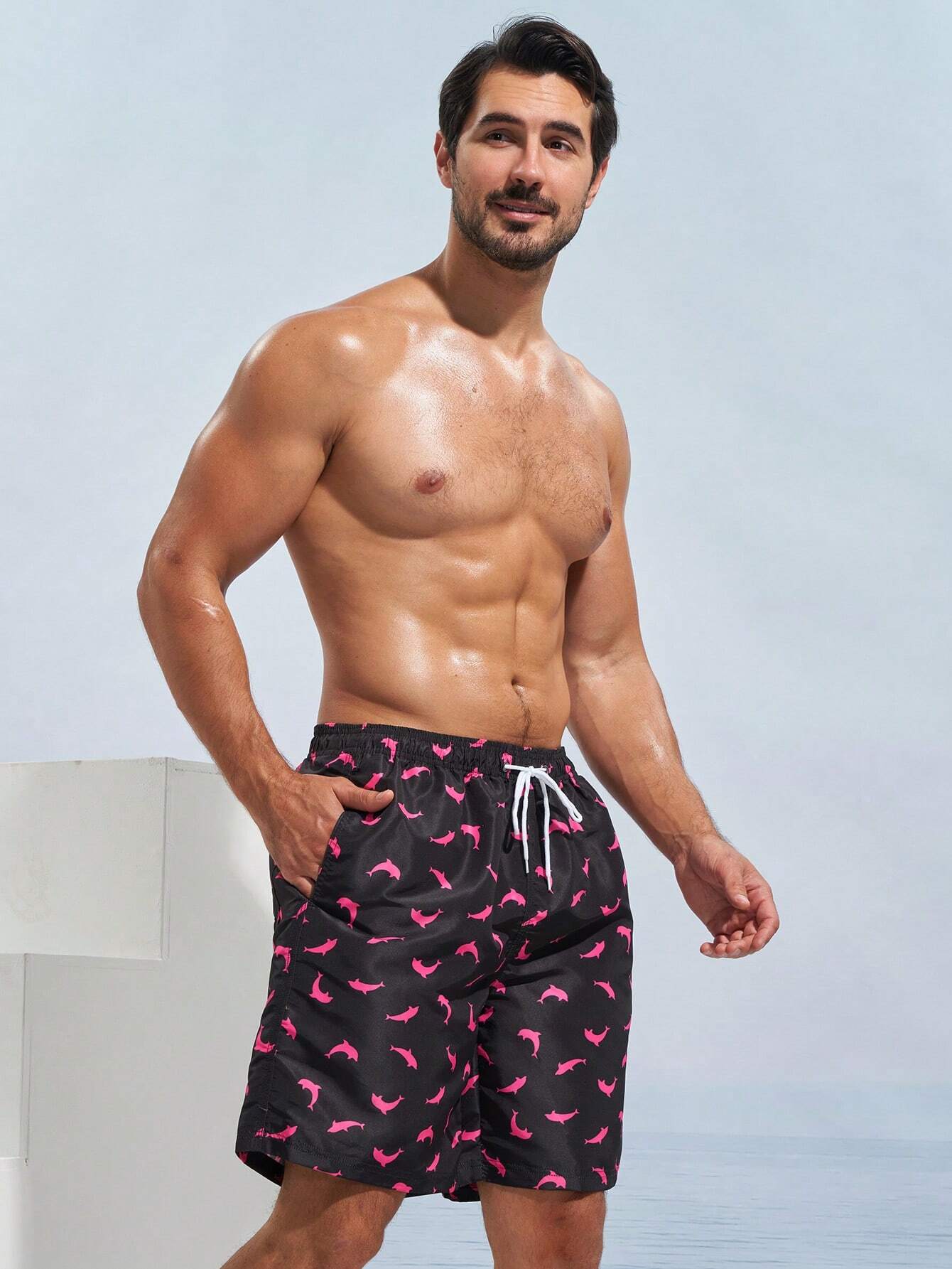 Dolphin Print Swim Trunks With Pocket-Waves And Trunks