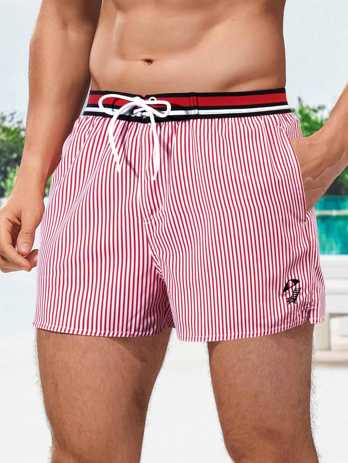 Striped Print Drawstring Waist Swim Shorts-Waves And Trunks